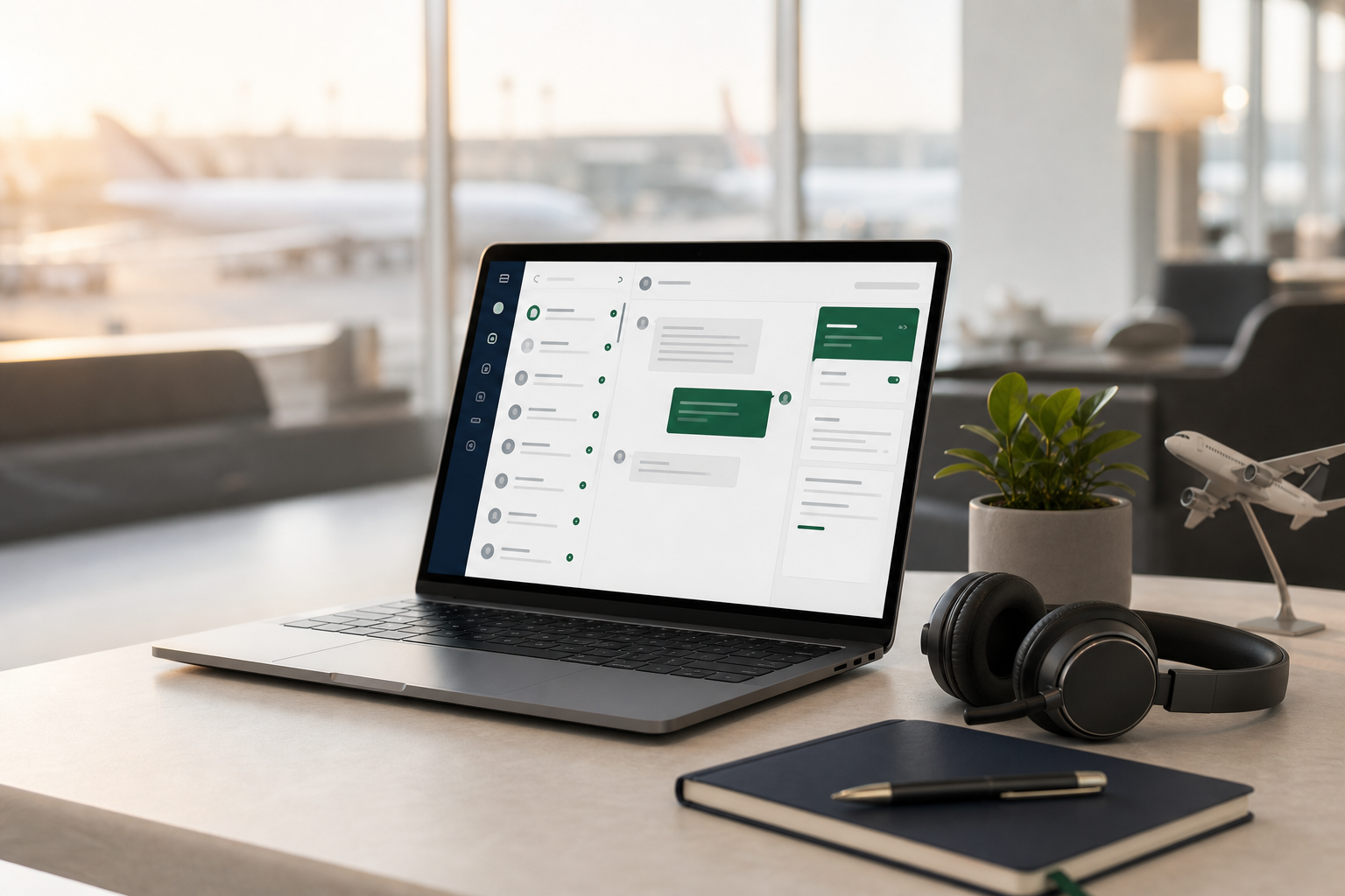 Travel support dashboard on a laptop beside a professional headset, notebook, plant, and model airplane in an airport lounge.
