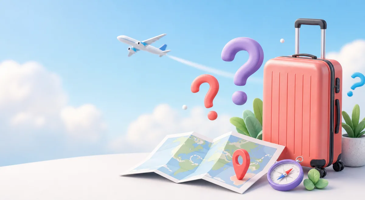 Suitcase, map, compass and question marks representing traveller questions.
