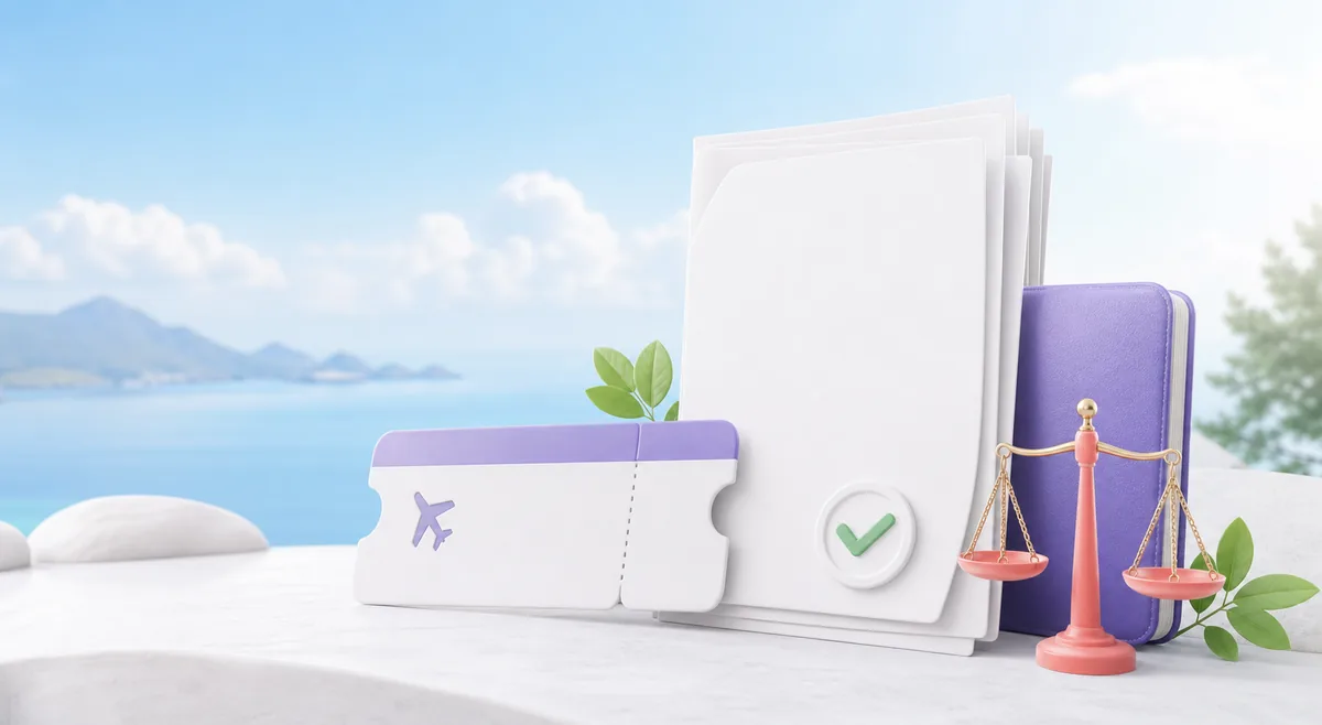 Travel documents, ticket, passport and balanced scale representing booking conditions.